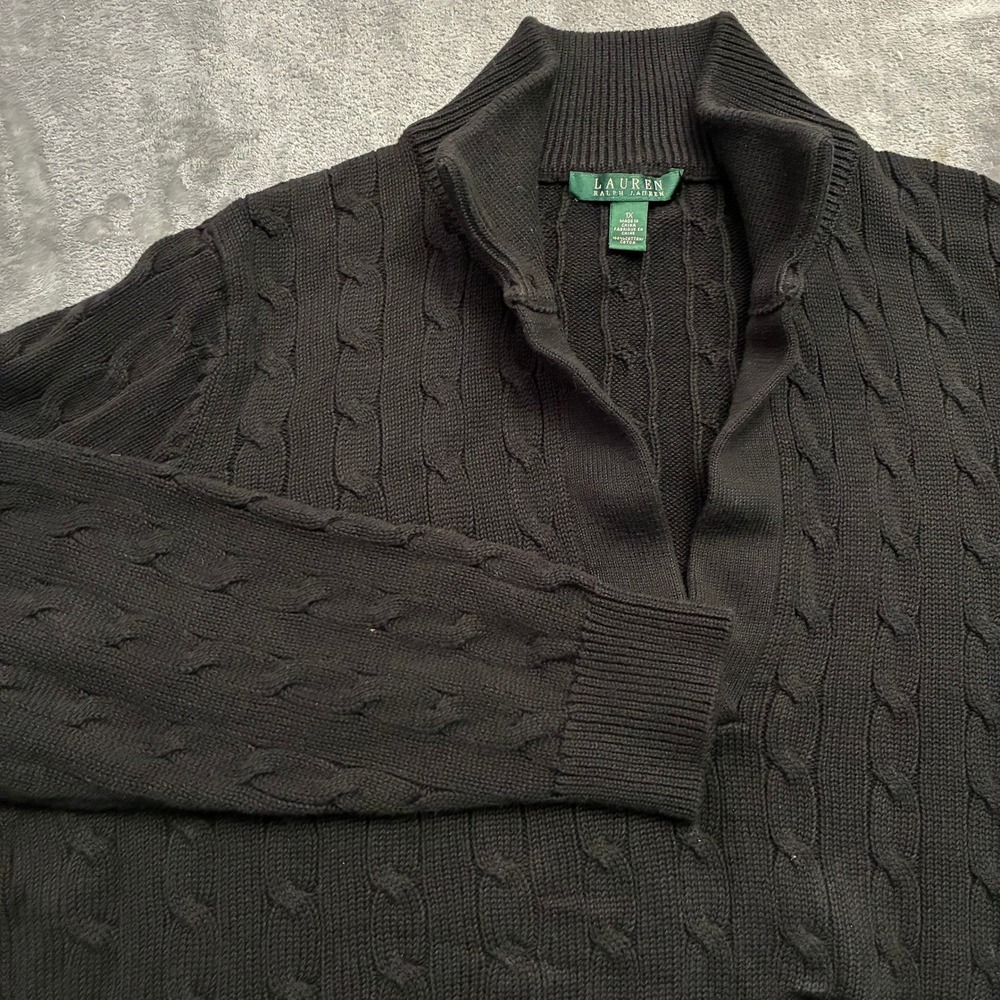 Lauren Ralph Lauren Mens Sz.1X Black Cable Knit Quarter Zip Sweater Preppy